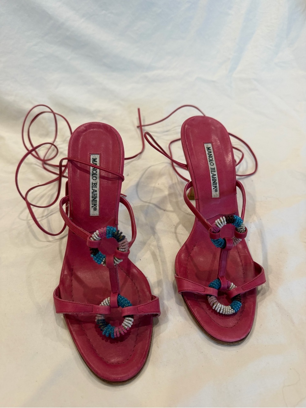 Manolo Blahnik Pink Beaded Lace-Up Sandals